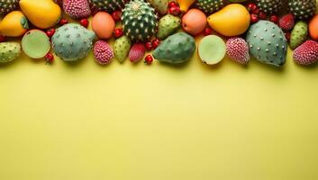 Variety of cactus fruits on yellow background with copy space AI Generated photo