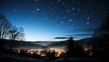 invierno noche en el montañas con estrellado cielo ai generado foto