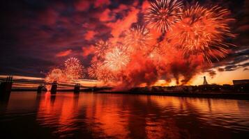 fuegos artificiales alrededor el playa en nuevo años víspera ai generado foto