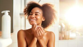 Beautiful african american woman applying cream on her face in bathroom. AI Generated. photo