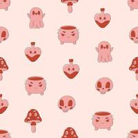Cute and creepy seamless pattern. Trendy pink and red print. Retro cartoon style. Cauldron, skull, potion, mushroom, ghoost. Happy Halloween. vector