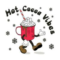 Typography composition with old cartoon Christmas hot chocolate mug. Cute vintage character and groovy slogan Hot Cocoa Vibes in flat hand drawn style. Design print for printout, shirt print, poster vector