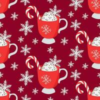 Christmas hot drink mug seamless pattern with candy stick, whipped cream and snowflakes. Cute childish design on red background. Good for decoration, wrapping paper, textile, wallpaper vector