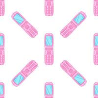 Cute pink flip phone. Retro nostalgia style. Y2k aesthetic. Seamless pattern. vector