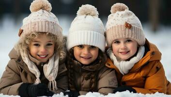 Three cute little girls in warm winter clothes lying on snow in park AI Generated photo