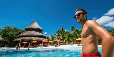 Young man in swimsuit and sunglasses near swimming pool at tropical resort AI Generated photo