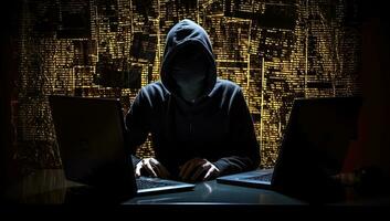 encapuchado hacker robando datos desde un ordenador portátil a noche. cibercrimen concepto. ai generado. foto