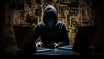 Hooded hacker stealing data from a laptop at night. Cybercrime concept. AI Generated. photo