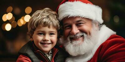 happy father and son in Santa Claus costume. Christmas and New Year concept. AI Generated. photo