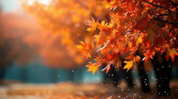 Autumn background with falling leaves and bokeh effect. Beautiful nature scene. AI Generated. photo