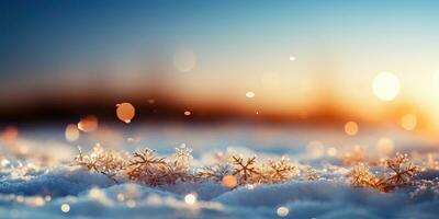 Christmas background with snowflakes and bokeh lights at sunset. AI Generated. photo