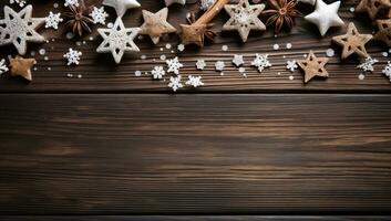 Christmas decoration on wooden background with copy space for your text. Top view. AI Generated. photo