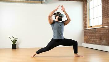 Man wearing virtual reality goggles while doing yoga exercise in a room. AI Generated. photo