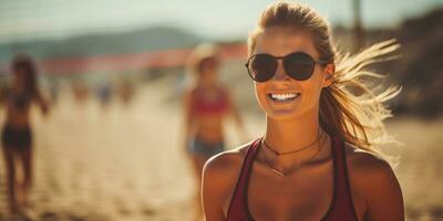 Beautiful young woman in sunglasses playing beach volleyball. AI Generated. photo