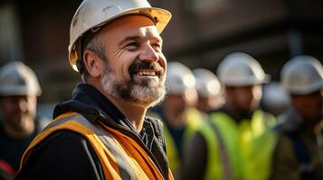 Portrait of a smiling male engineer in a hardhat standing in a construction site. AI Generated. photo