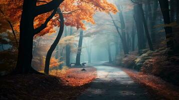 otoño paisaje con un camino en el brumoso bosque. ai generado. foto