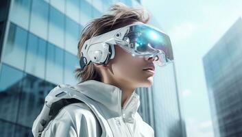 Young woman wearing virtual reality goggles. AI Generated. photo