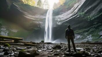 Man standing in front of the waterfall in the middle of the forest. AI Generated. photo
