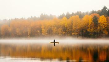 A man in a kayak on a lake in the autumn forest. AI Generated. photo