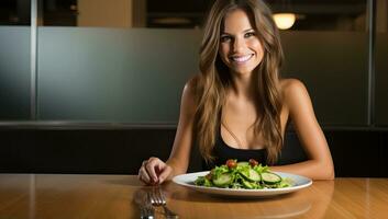 Beautiful young woman eating salad. Healthy lifestyle. AI Generated. photo