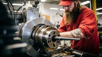 tatuado trabajador en rojo mono trabajando en industrial torno máquina. ai generado. foto