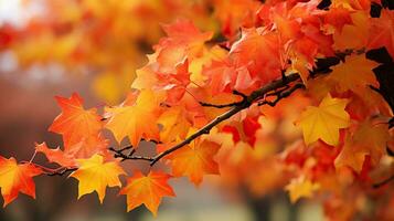 Autumn maple leaves in park. Beautiful nature background. Fall season. AI Generated. photo