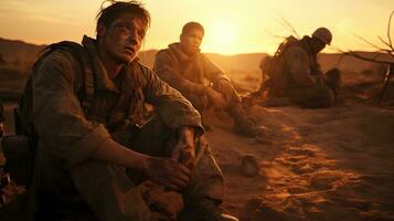 Group of soldiers sitting on the ground in the desert at sunset AI Generated photo