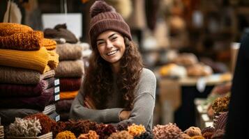 Portrait of smiling young woman in woolen clothes at the market. AI Generated. photo