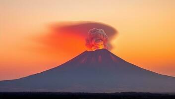 volcán erupción a puesta de sol. ai generado. foto