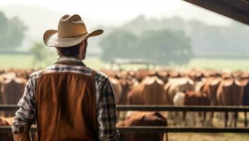 vaquero en pie en establo, mirando a manada de vacas ai generado. foto