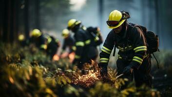 Firefighters extinguish a fire in a forest. AI Generated. photo