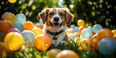 Adorable Beagle dog playing with colorful balloons in the garden AI Generated photo