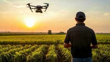 Drone quadcopter flying over the corn field at sunset. AI Generated. photo