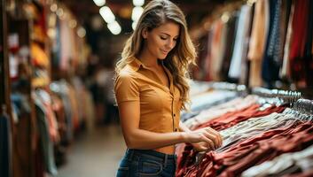 atractivo joven mujer compras en un ropa almacenar, mirando a ropa. ai generado. foto