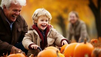 Happy family having fun with pumpkins on a pumpkin patch at autumn. AI Generated. photo