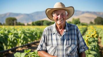 retrato de mayor granjero en pie en girasol campo en un soleado día. ai generado. foto