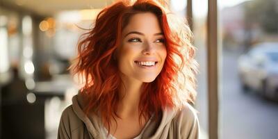 Portrait of a beautiful young woman with red hair in a cafe. AI Generated. photo