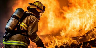 bombero en acción, luchando un fuego en un ardiente bosque ai generado foto