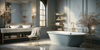 Interior Design of Elegant Spacious Bathroom, Luxury bathtub, Romantic Atmosphere, AI Generative photo