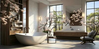 Interior Design of Elegant Spacious Bathroom, Luxury bathtub, Romantic Atmosphere, AI Generative photo