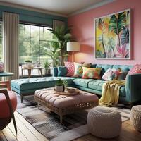 Furnished Modern Living room, bright blue and pink color palette, interior design, AI Generative photo