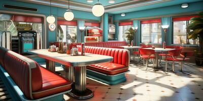 Retro vintage diner restaurant, interior design, stylish old fashioned design concept, AI Generative photo