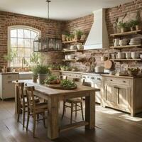 rústico casa de Campo cocina, elegante espacioso Cocinando área, interior diseño, ai generativo foto