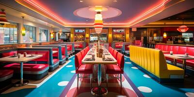 Retro vintage diner restaurant, interior design, stylish old fashioned design concept, AI Generative photo