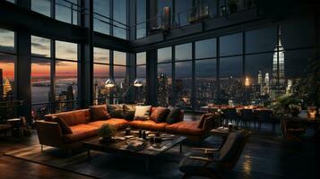 Interior Design modern Living room, windows show stunning view of the city skyline, Empty room apartment, AI Generative photo