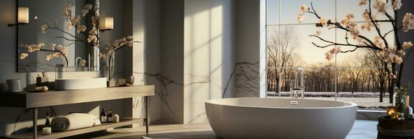 Interior Design of Elegant Spacious Bathroom, Luxury bathtub, Romantic Atmosphere, AI Generative photo