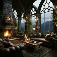 Interior Design, Beautiful Living room Gothic Style, Luxury Mansion, Elegant tall window, AI Generative photo
