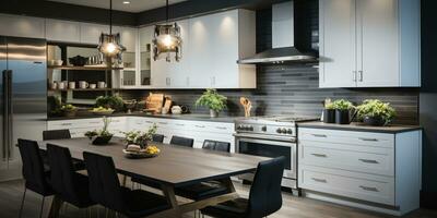 Sleek furnished kitchen, stylish Beautiful cooking area, interior design, AI Generative photo