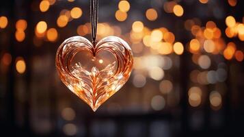 Sparkle Glowing Heart reflected lights, orange and gold, captivating visual, Romantic scenery, dreamy, copy space, greeting card, AI Generative photo