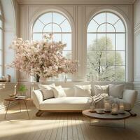 Interior Design Luxurious modern Living room, minimal tall window, Cozy sofa, serene nature scenery, Elegant villa, AI Generative photo